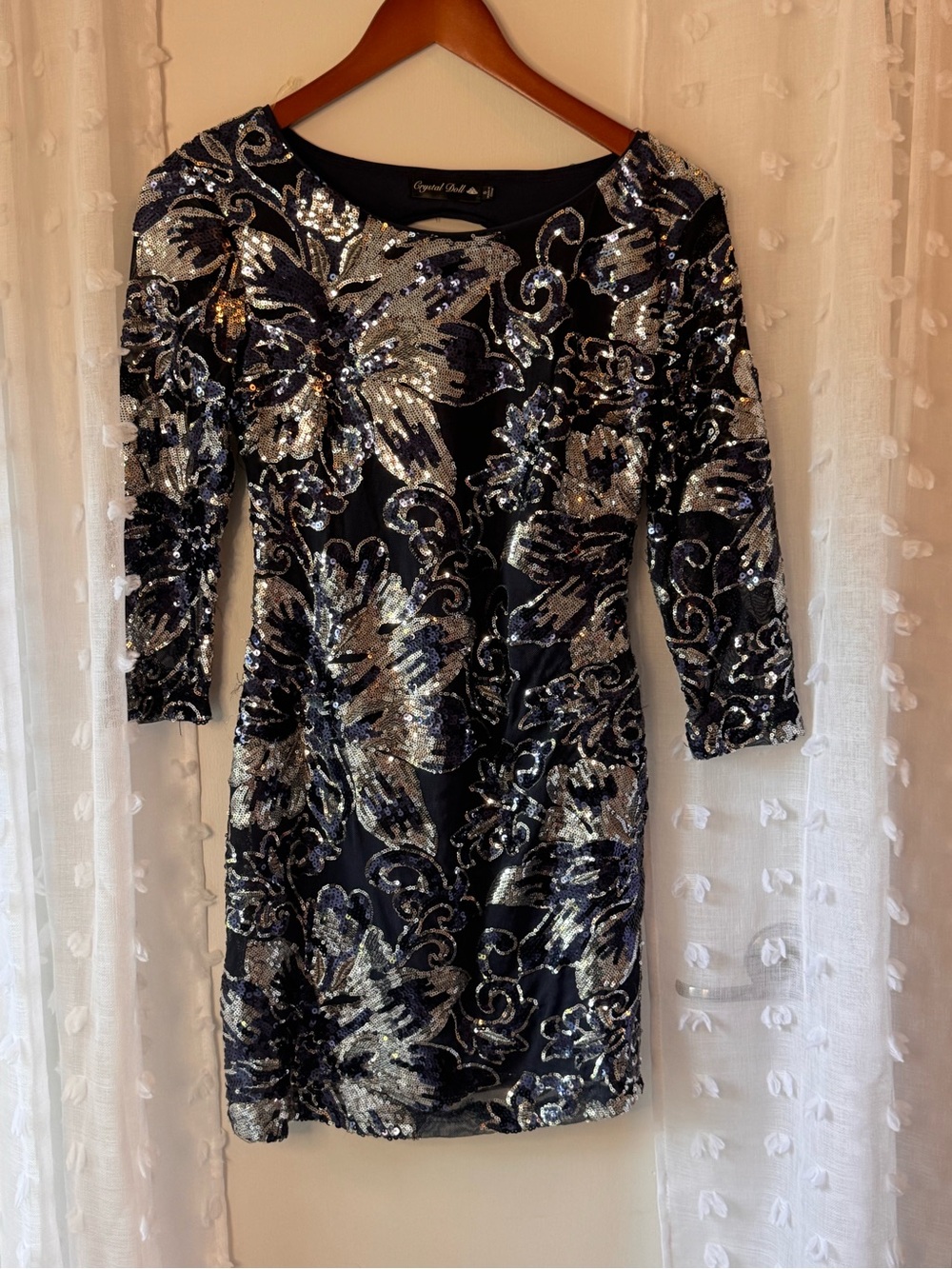 Crystal Doll Navy and Silver Sequin Floral Long Sleeve Dress